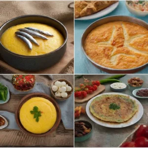 Balıklı, peynirli ve hamurlu yemekleri gösteren dört fotoğraflı kolaj