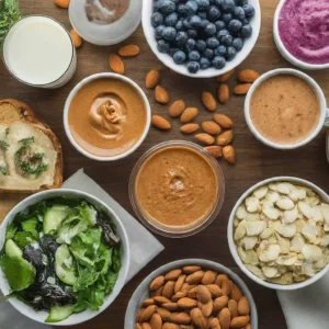 Badem, file badem, ezme, meyve ve salata kâselerinden oluşan üstten görünüm