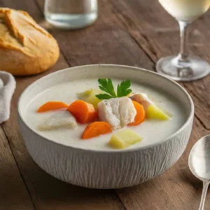 Kâsede beyaz renkli çorba, balık parçaları ve sebzeler