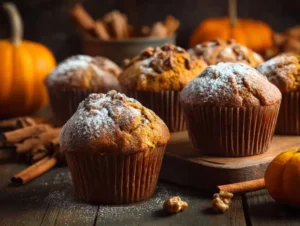 Ahşap üzerinde pudra şekerli muffinler ve küçük balkabakları