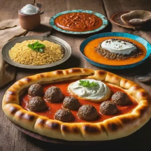 Pide üzerinde köfteler, yanında yoğurt, pilav ve sulu yemekler