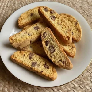 Beyaz tabakta kuru meyve parçalı kalın biscotti dilimleri