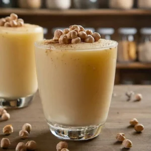 Üzerine leblebi ve baharat serpilmiş boza dolu iki bardak