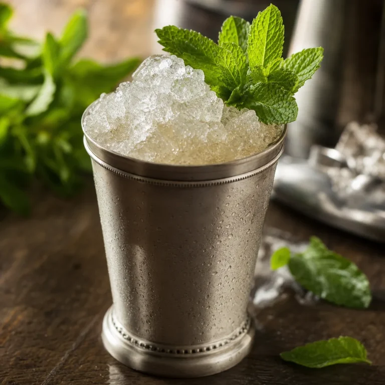 Ezilmiş buz üzerinde nane dalıyla süslenmiş, brendi ve taze naneyle hazırlanmış Brandy Julep kokteyli