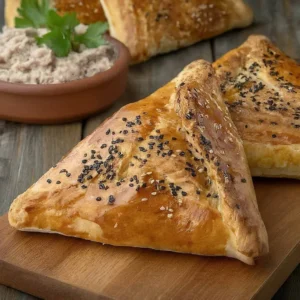 Ahşap üzerinde çörekotlu kızarmış üçgen hamur işleri