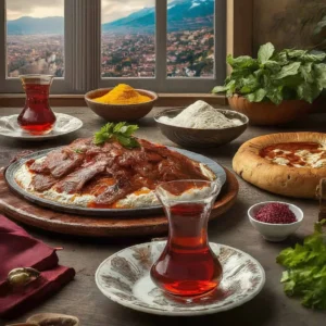 Şehir manzarası önünde etli yemek, hamur işi ve çay bardakları