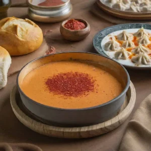 Kâsede kırmızı baharatla süslenmiş çorba, yanında ekmek ve mantı