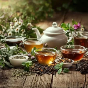 Cam fincanlarda demlenmiş çay, beyaz demlik ve kuru çay yaprakları