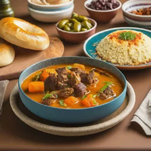 Tabakta etli sebze yemeği, yanında kuskus ve ekmekler