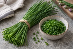 İnce yeşil chives demeti ve kasede doğranmış frenk soğanı.