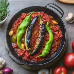 Siyah tavada domates sosuyla pişmiş patlıcanlar ve yeşil biberler