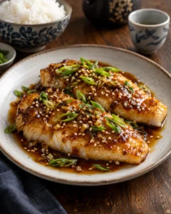 Soya soslu, sarımsaklı ve zencefilli Çin usulü balık filetoları