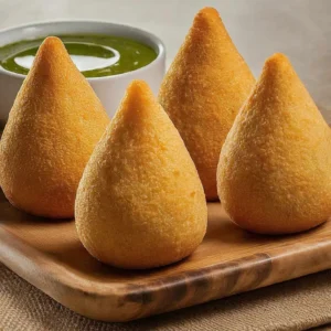 Ahşap tahta üzerinde armut biçimli kızarmış coxinha köfteleri ve yanında yeşil sos