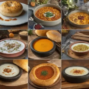 Çorba, ekmek, tatlı ve sıcak yemeklerden oluşan dokuz fotoğraflı kolaj