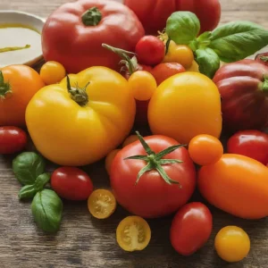 Fesleğen yapraklarıyla birlikte kırmızı, sarı ve turuncu domatesler.