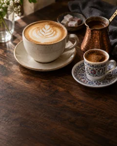 Doğal ışıkta cappuccino, Türk kahvesi ve bakır cezve
