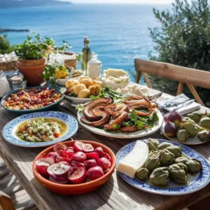 Deniz manzaralı masada salata, peynir, dolma ve çeşitli mezeler