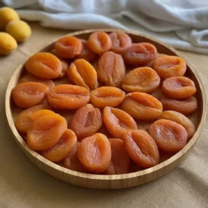 Yuvarlak ahşap tabakta turuncu kuru kayısılar