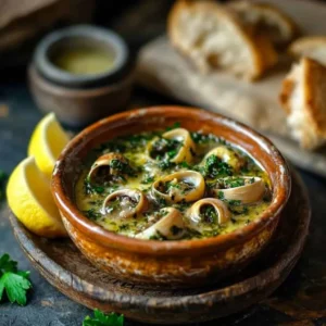 Toprak kapta yeşil otlu sos içinde salyangozlar, yanında limon ve ekmek