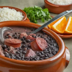 Toprak kapta siyah fasulye ve etli yemek, yanında pilav ve portakal