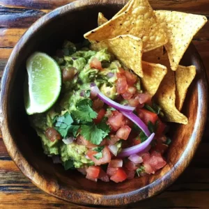 Ahşap kasede guacamole, tortilla cipsleri ve yeşil limon dilimi