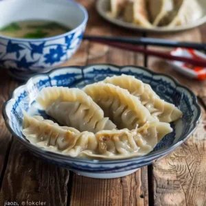 Mavi desenli tabakta kenarları kıvrımlı gyoza mantıları