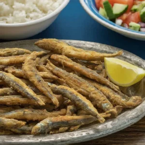Gri tabakta kızarmış küçük balıklar ve yanında limon dilimi