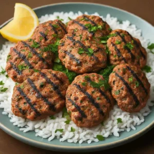 Pilav üzerinde ızgara izleri olan köfteler, kıyılmış yeşillik ve limon