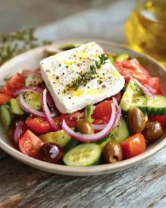 Domates, salatalık, zeytin ve soğan salatasının üzerinde beyaz peynir dilimi