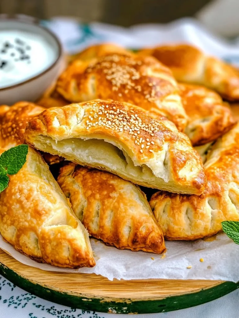 Birinin içi görünür biçimde kesildiği susamlı peynirli börekler