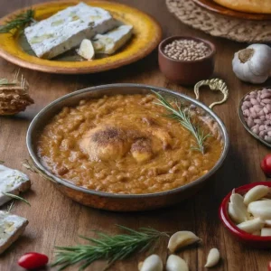 Bakır tepside kızarmış yemek, yanında peynir ve küçük kâseler