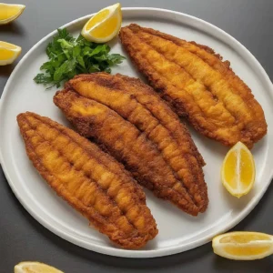 Beyaz tabakta limon ve maydanozla servis edilen kızarmış balık filetoları