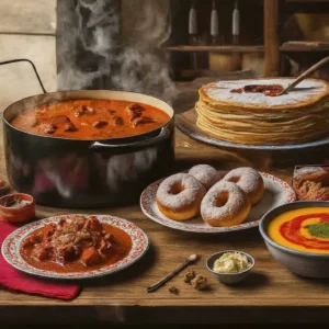 Tencerede kırmızı renkli yemek, krepler ve tatlılarla hazırlanmış sofra