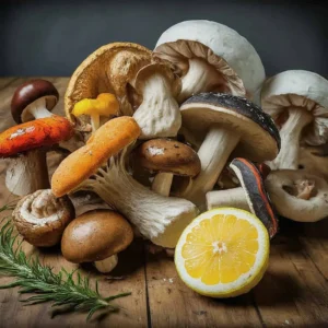 Ahşap yüzey üzerinde farklı mantarlar ve bir limon yarımı