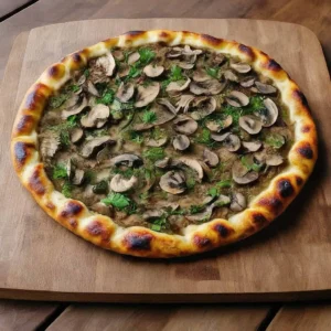 Ahşap tahta üzerinde mantar dilimleri ve yeşilliklerle kaplı pizza