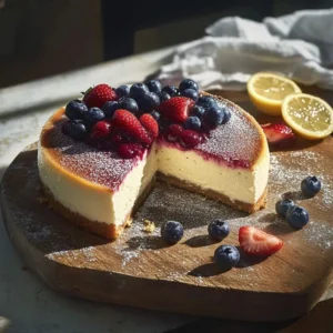 Ahşap tahta üzerinde çilek ve yaban mersiniyle süslü cheesecake, yanında limon yarımları