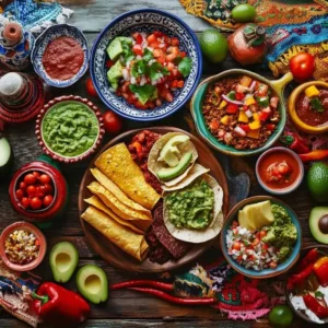 Renkli kumaş üzerinde taco, avokado, sebzeler ve farklı soslarla hazırlanmış sofra