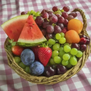 Hasır sepette karpuz dilimleri, üzüm, çilek ve çeşitli meyveler