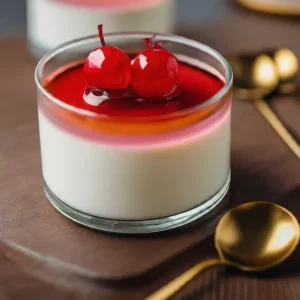 Cam bardakta beyaz panna cotta, üzerinde kırmızı meyve sosu ve kirazlar
