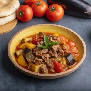 Tabakta etli sebze yemeği, yanında domatesler ve ekmekler