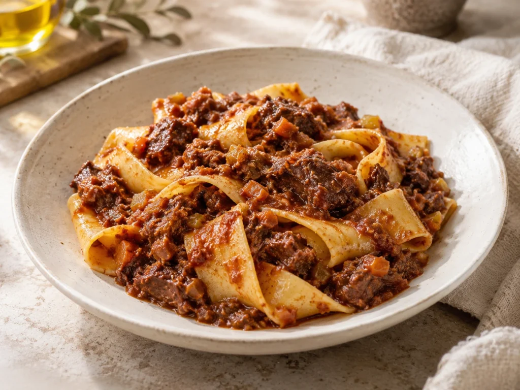 Geniş yumurtalı pappardelle şeritlerini kaplayan koyu kıvamlı yaban domuzu ragùsu