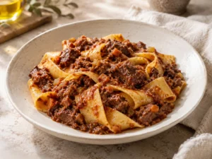 Geniş yumurtalı pappardelle şeritlerini kaplayan koyu kıvamlı yaban domuzu ragùsu