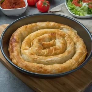 Yuvarlak tepside spiral biçiminde kızarmış börek