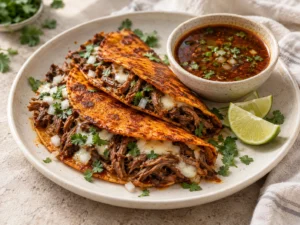 Çıtır kırmızımsı mısır tortillalarında didiklenmiş dana eti ve erimiş peynir, yanında birria consomé