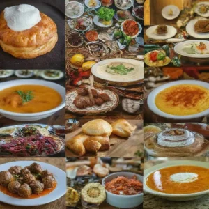 Çeşitli çorba, hamur işi, et yemeği ve tatlı sunumlarından oluşan kolaj