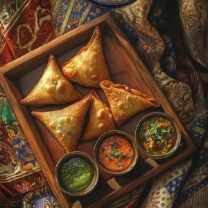 Ahşap tepside üçgen samosa börekleri ve üç farklı sos kâsesi