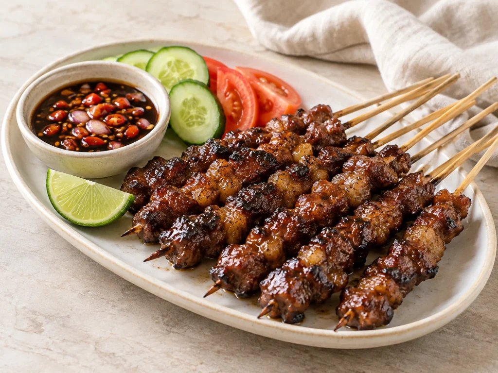 Kecap manis ile hafifçe kaplanmış keçi eti şişler ve ayrı sambal kecap sosu