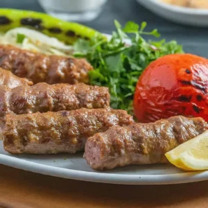 Tabakta kızarmış kebap parçaları, közlenmiş domates ve limon dilimi