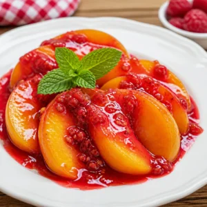 Frambuaz soslu şeftali tatlısı