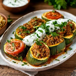 Oval tabakta içleri doldurulmuş kabaklar, yoğurt ve doğranmış yeşillikler